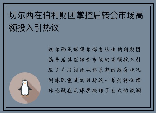 切尔西在伯利财团掌控后转会市场高额投入引热议